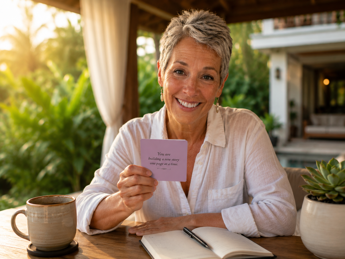 Load video: A peaceful brand video introducing Start With One Living through ocean sunrise scenes, journaling, coffee, inspiration cards, and Kathleen Klug sharing a simple message of personal growth: meaningful change begins with one small step.